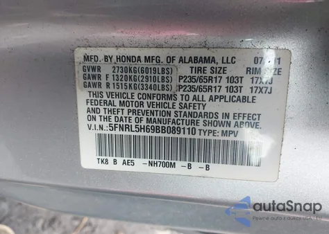 2011 Honda Odyssey Ex-L из США, поврежденный, VIN 5FNRL5H69BB089110